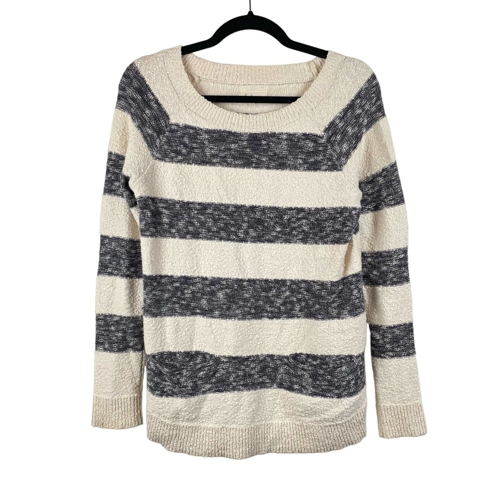 Lou & Grey Striped Front Pocket Sweater Cream Navy Ribbed Knit Hem Size S